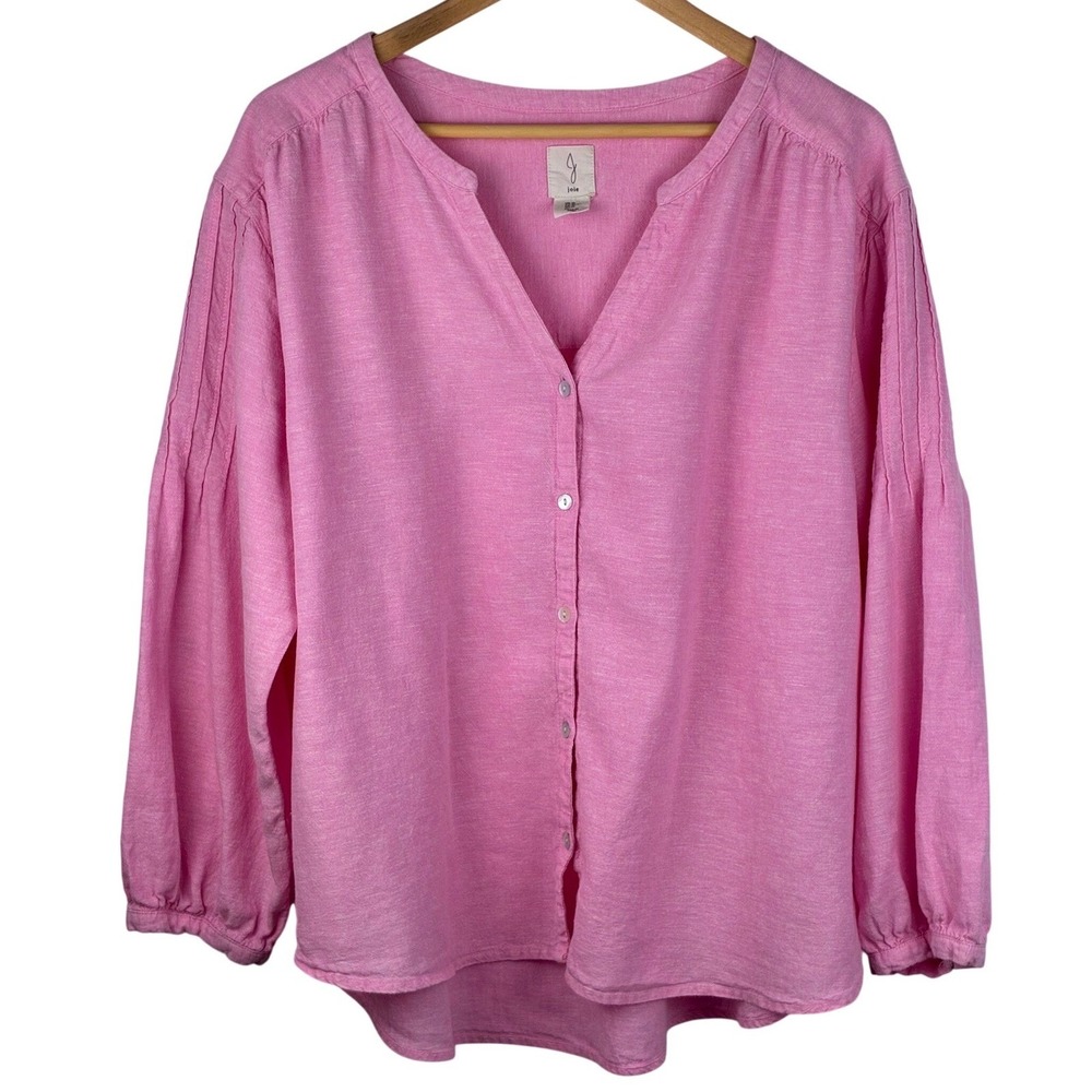 Joie Womens XL Pink Linen Blend Hi Low Button Front Peasant Blouse Boho